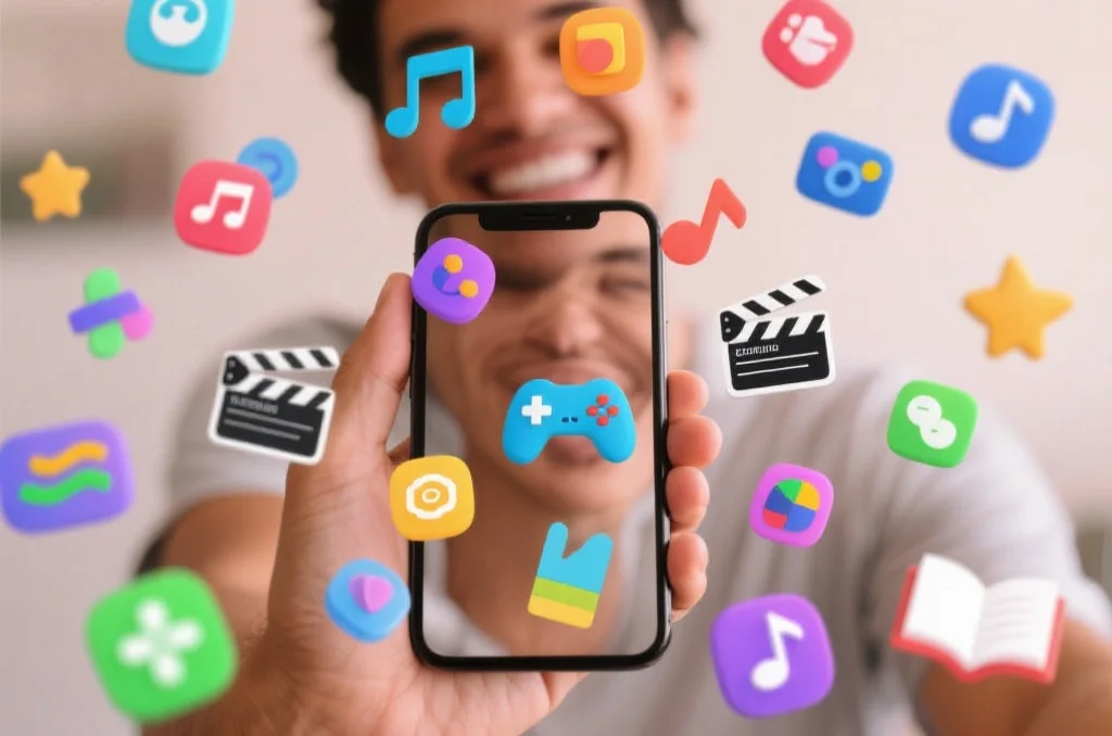 一个人用手机享受多样化娱乐,屏幕周围环绕着各种娱乐图标
